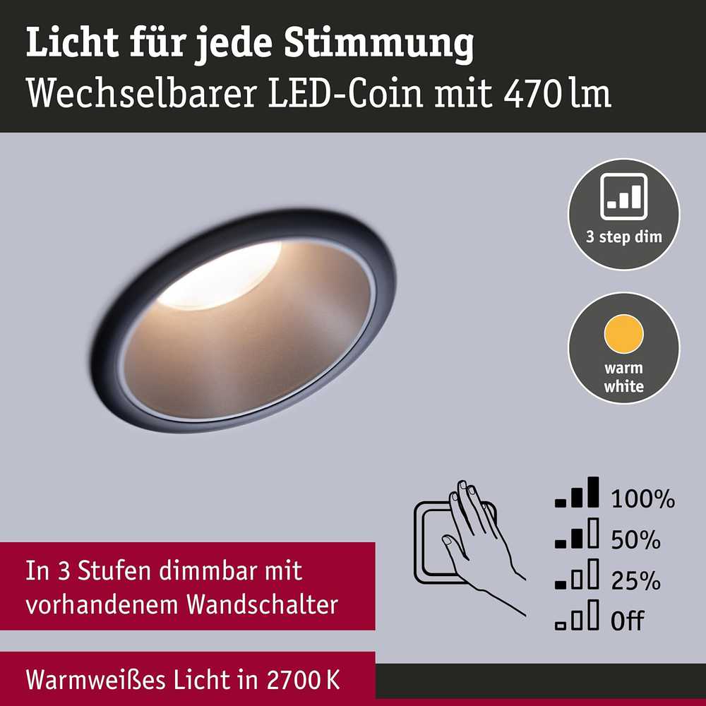 Paulmann įleidžiami LED šviestuvai Cole, apvalūs, 3 × 6,5 W, 2700 K, IP44, juoda sidabrinė, 93408