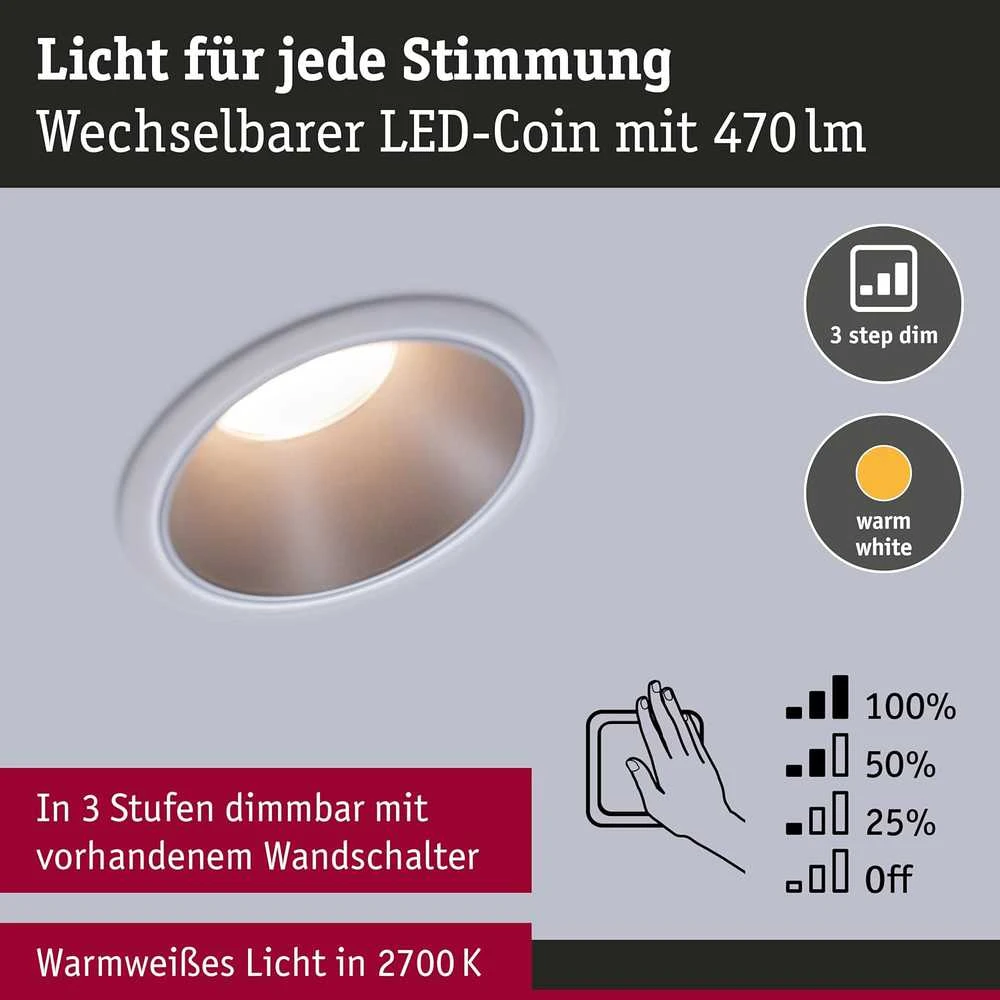 Paulmann įleidžiamų LED lubų šviestuvų komplektas Cole, apvalūs, 3 × 6,5 W, 2700 K, balti sidabriniai, IP44, 19,5 W, 93410
