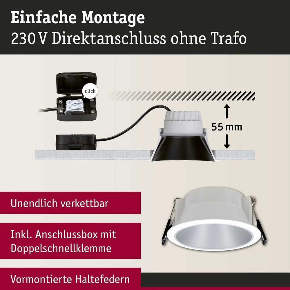 Paulmann įleidžiamų LED lubų šviestuvų komplektas Cole, apvalūs, 3 × 6,5 W, 2700 K, balti sidabriniai, IP44, 19,5 W, 93410