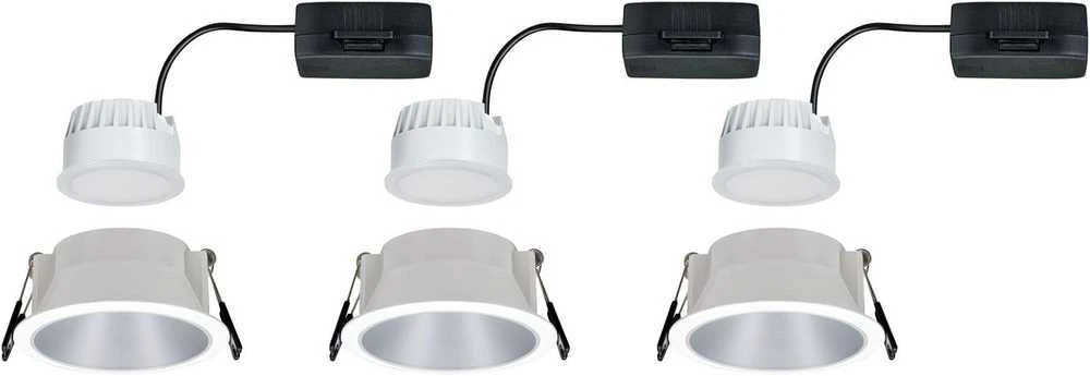 Paulmann įleidžiamų LED lubų šviestuvų komplektas Cole, apvalūs, 3 × 6,5 W, 2700 K, balti sidabriniai, IP44, 19,5 W, 93410