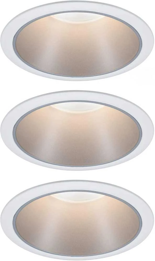Paulmann įleidžiamų LED lubų šviestuvų komplektas Cole, apvalūs, 3 × 6,5 W, 2700 K, balti sidabriniai, IP44, 19,5 W, 93410