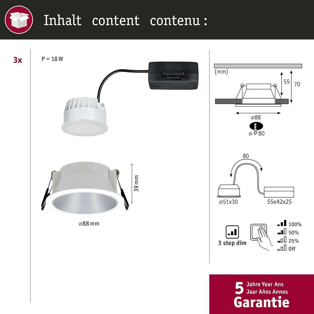 Paulmann įleidžiamų LED lubų šviestuvų komplektas Cole, apvalūs, 3 × 6,5 W, 2700 K, balti sidabriniai, IP44, 19,5 W, 93410