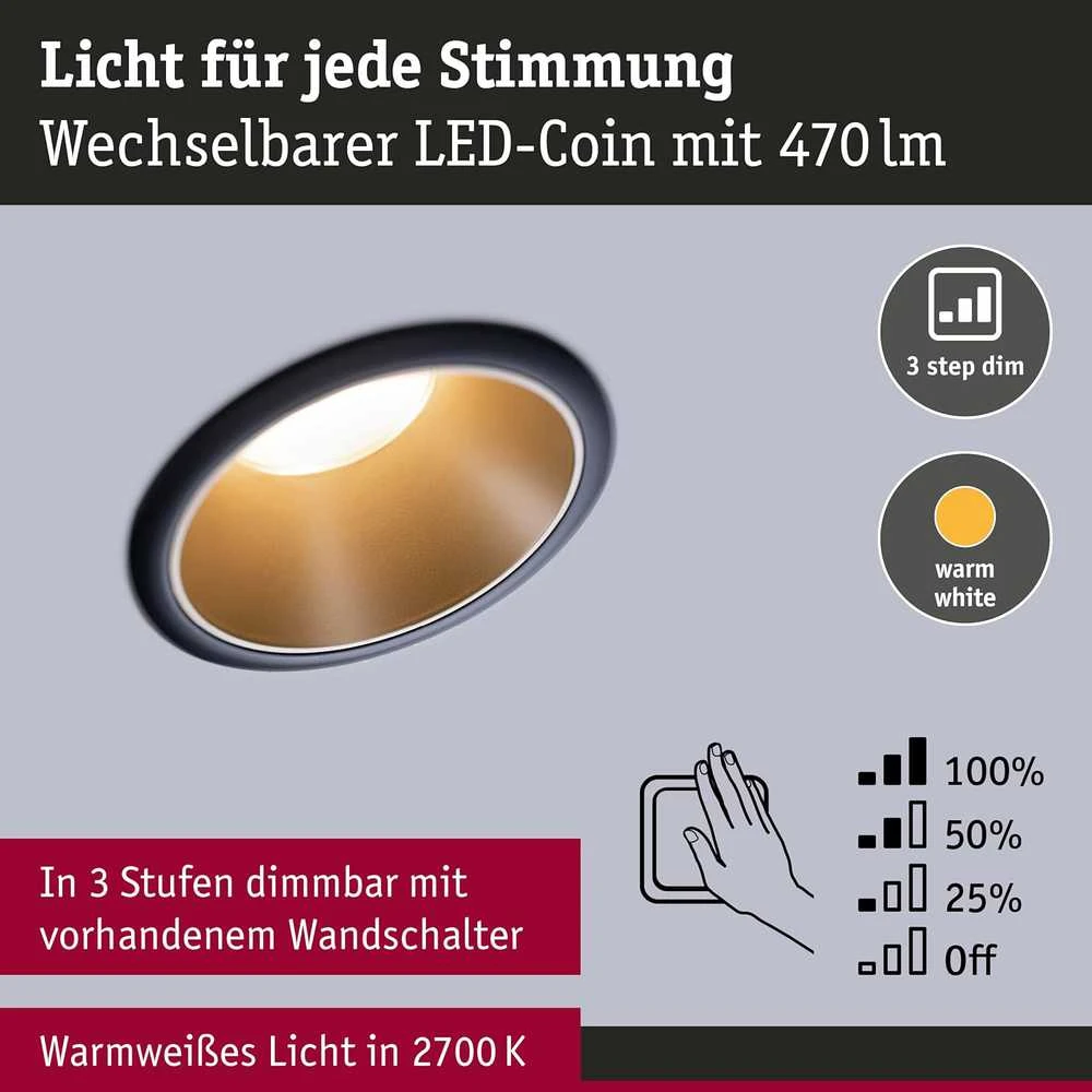 Paulmann įleidžiamų LED šviestuvų rinkinys 3 × 6,5 W, IP44, 2700 K, reguliuojamas, juodas matinio aukso, Cole 93404