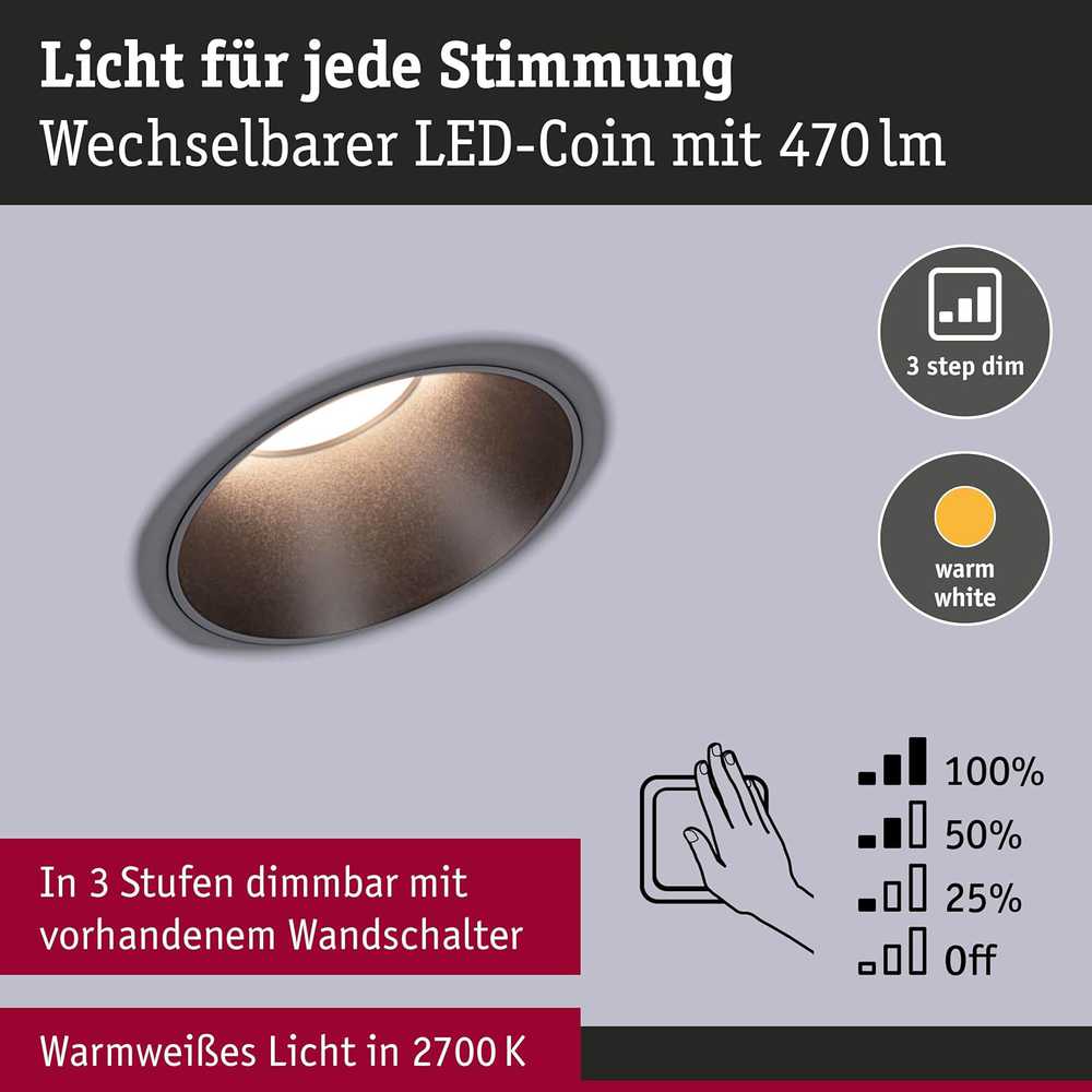 Paulmann įleidžiamų LED šviestuvų rinkinys Cole, 3 × 6 W, IP44, 2700 K, juodas, 88 mm, 3 vnt.
