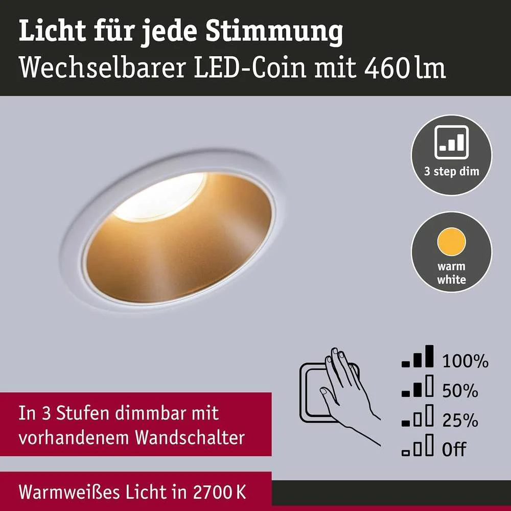 Paulmann LED įleidžiama apvali lubinė šviestuvo kolekcija Cole, 3 × 6,5 W, balta ir matinė aukso, 2700 K, komplektas