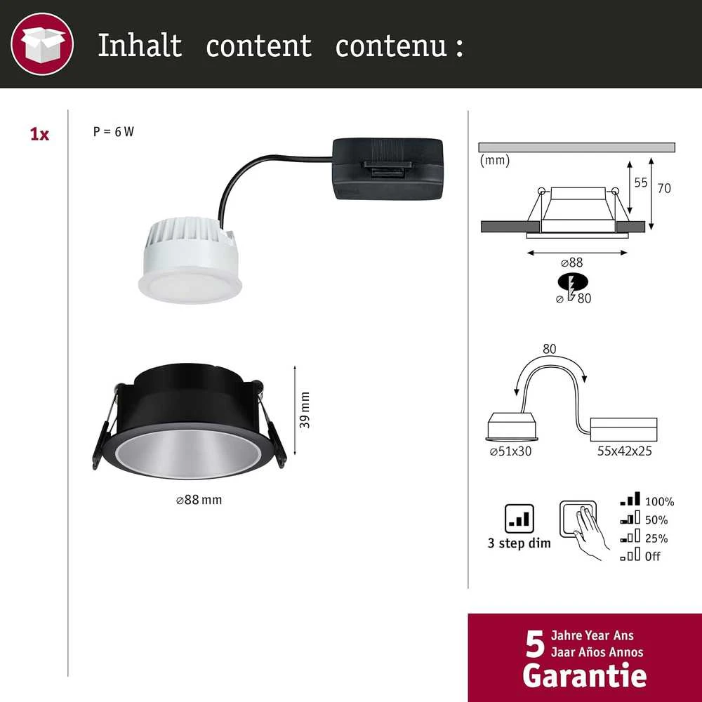 Paulmann LED įleidžiamas šviestuvas Cole 6,5 W, apvalus, šiltai baltas, reguliuojamas, juodas/sidabrinis 93407