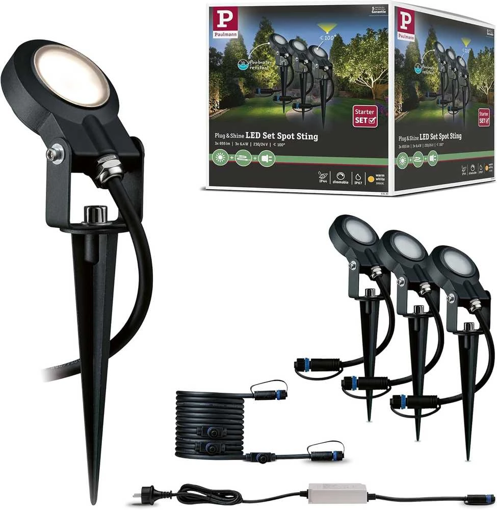 Paulmann Plug & Shine lauko LED šviestuvų rinkinys, 3 × 6 W, IP67, su transformatoriumi, 936.96