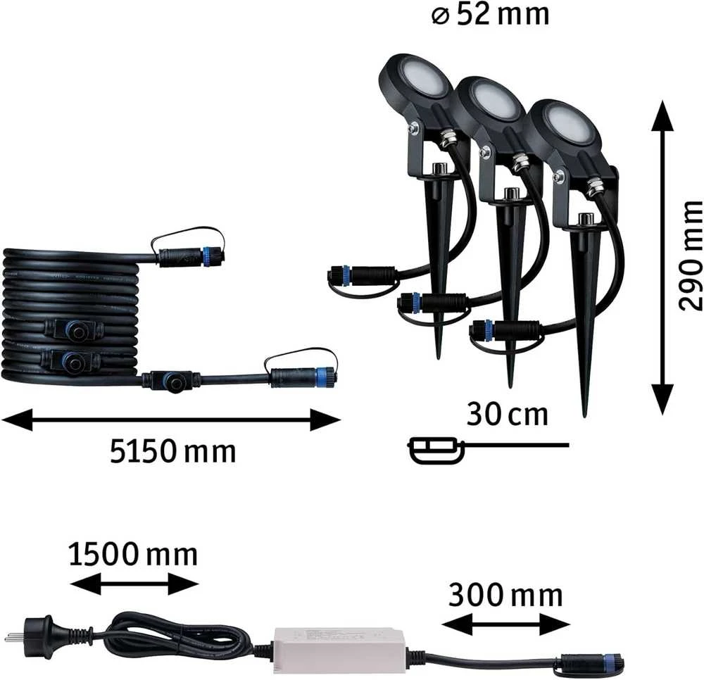 Paulmann Plug & Shine lauko LED šviestuvų rinkinys, 3 × 6 W, IP67, su transformatoriumi, 936.96