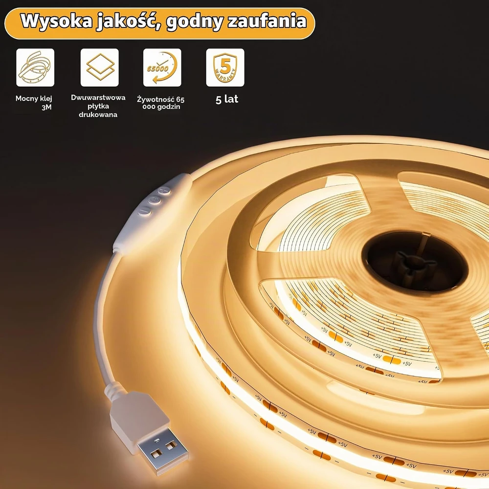 PAUTIX 2 m USB COB LED juosta, 5 V, šiltai balta (3000 K), su RF pulteliu, DE-RM-USB-WW3205V-COB-2M