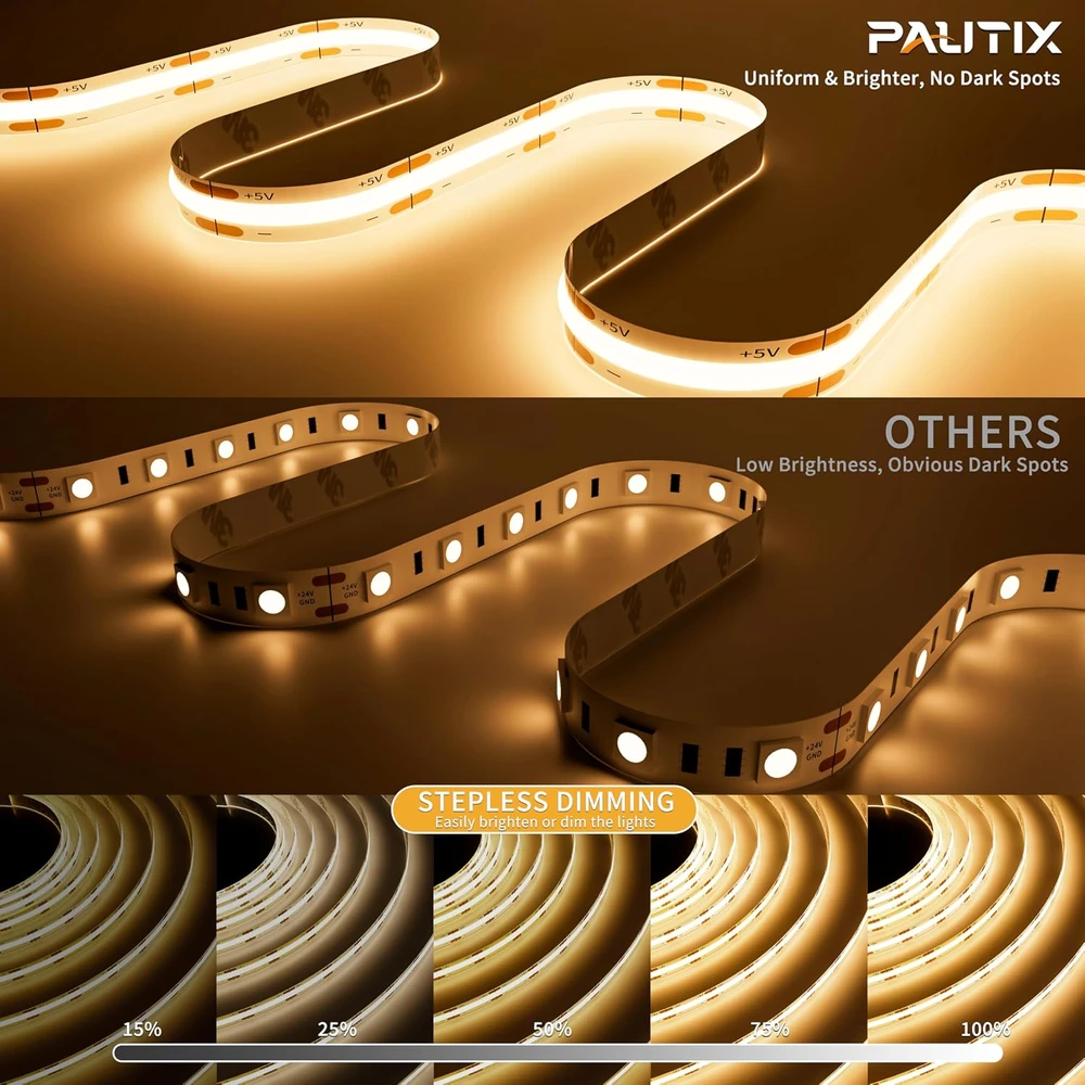 PAUTIX 2 m USB COB LED juosta, 5 V, šiltai balta (3000 K), su RF pulteliu, DE-RM-USB-WW3205V-COB-2M