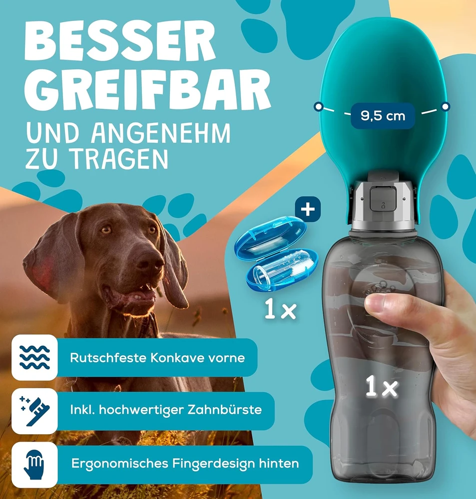 Paws Elegance kelioninė gertuvė šunims, 800 ml, su ėdalo talpykla ir dantų šepetėliu, turkio spalvos