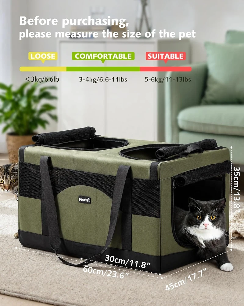 Pecute dviguba katės transportavimo dėžė, sulankstoma, kvėpuojanti, 60x45x35 cm, žalia, CSC--PCB13