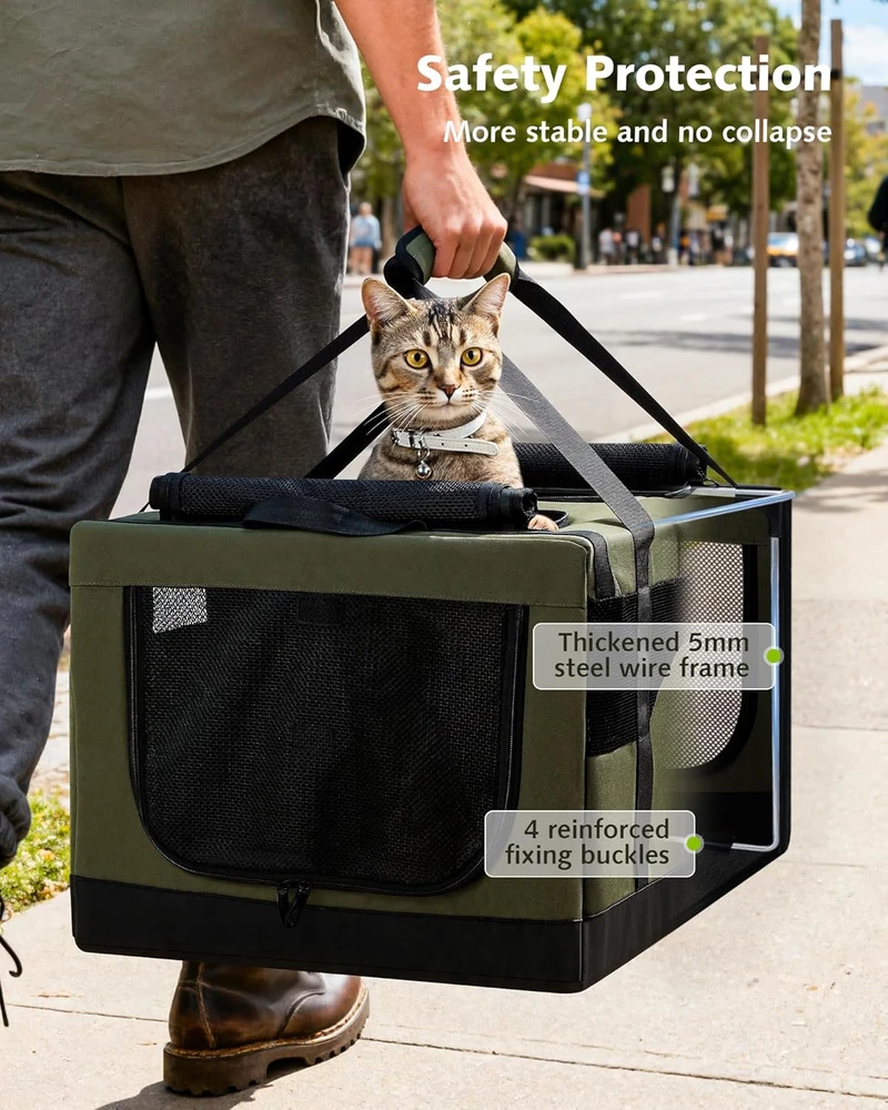 Pecute dviguba katės transportavimo dėžė, sulankstoma, kvėpuojanti, 60x45x35 cm, žalia, CSC--PCB13