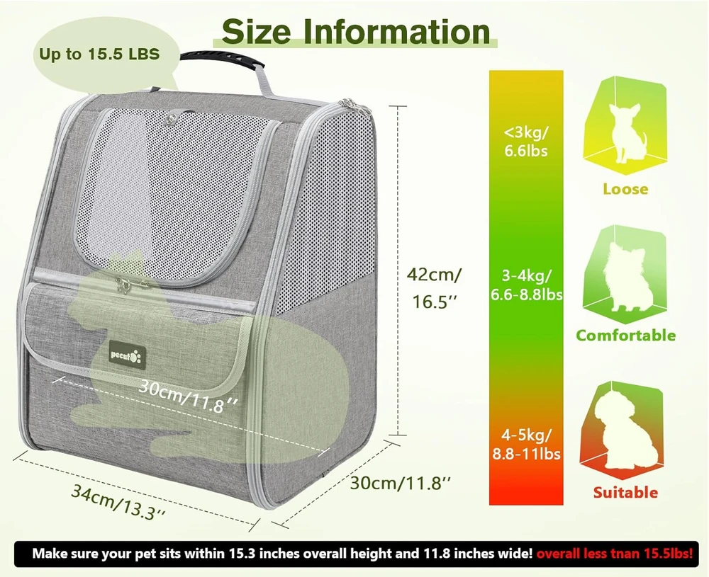 Pecute gyvūnų nešiojimo kuprinė katėms ir mažiems šunims, kvėpuojanti, pilka, iki 6kg, PC-PBT01