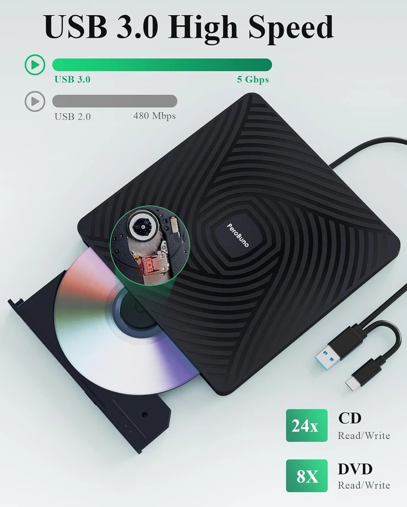 PeroBuno išorinis CD/DVD įrenginys USB 3.0 su USB-A ir USB-C jungtimis BT620