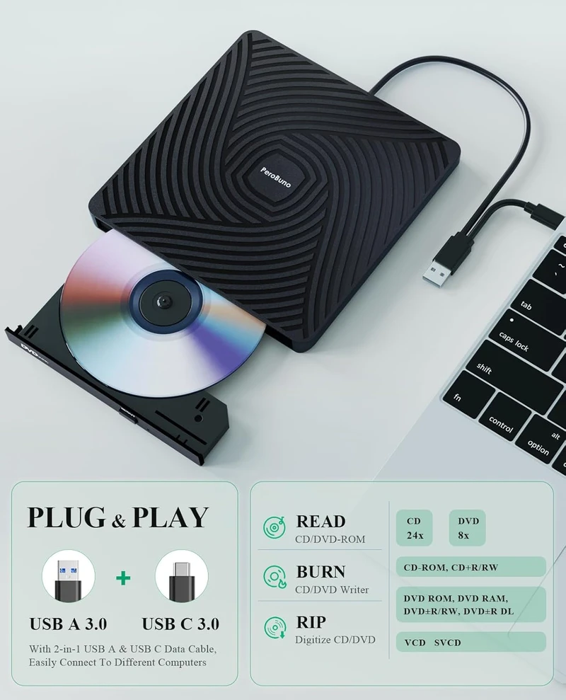 PeroBuno išorinis CD/DVD įrenginys USB 3.0 su USB-A ir USB-C jungtimis BT620