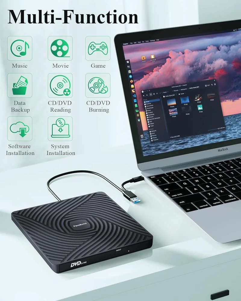 PeroBuno išorinis CD/DVD įrenginys USB 3.0 su USB-A ir USB-C jungtimis BT620