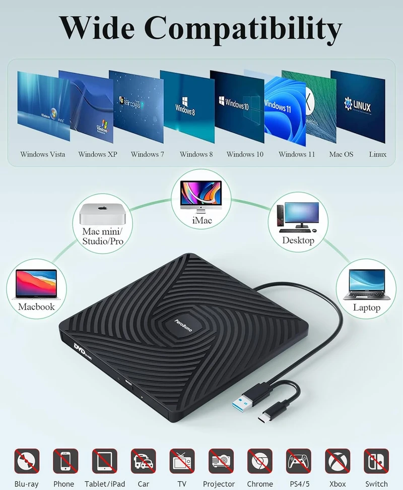 PeroBuno išorinis CD/DVD įrenginys USB 3.0 su USB-A ir USB-C jungtimis BT620