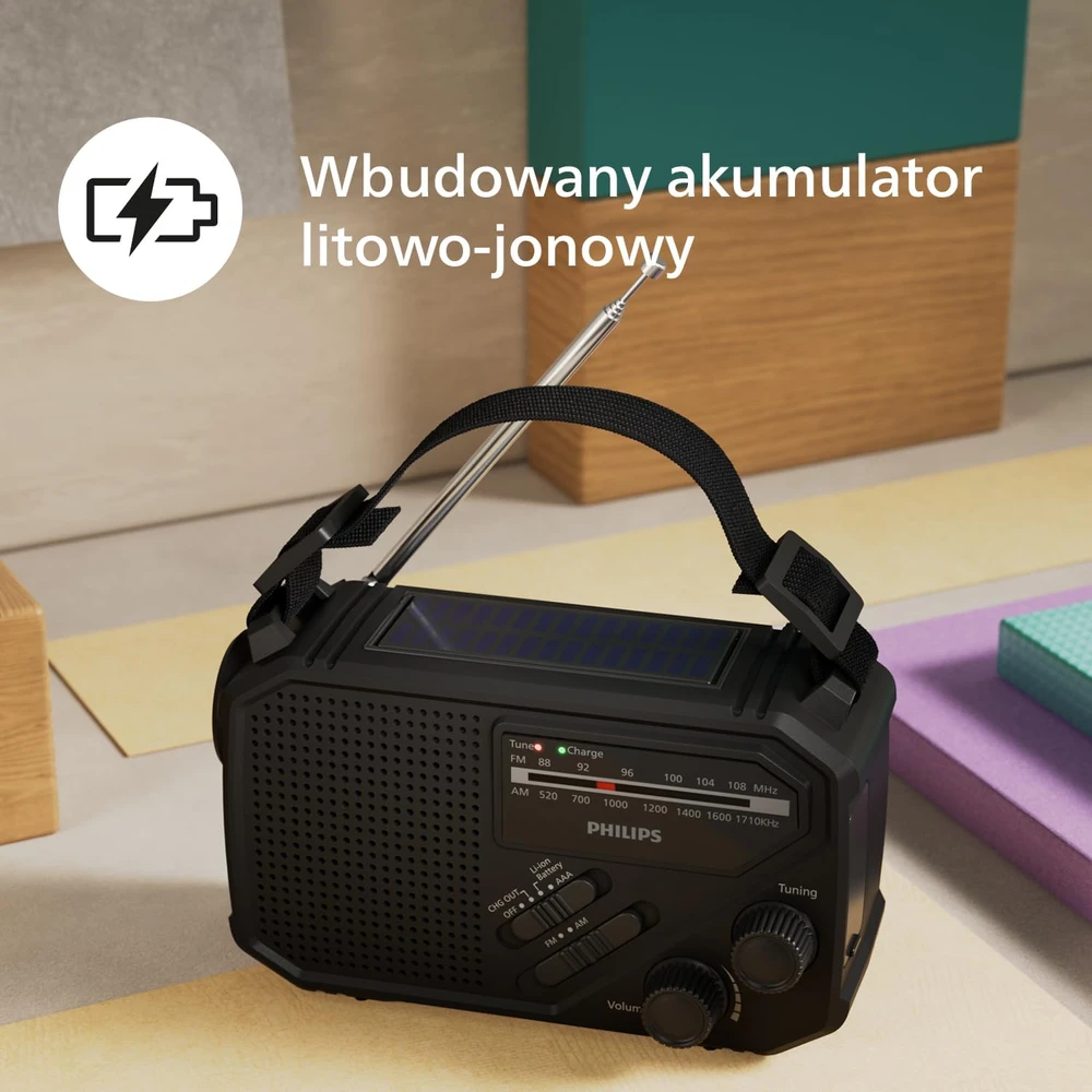 Philips nešiojamas AM/FM radijas su saulės įkrovimu ir žibintuvėliu TAR1659/00