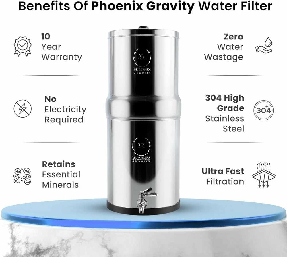 Phoenix Gravity gravitacinis vandens filtras iš nerūdijančio plieno, 8 l, su fluoro šalinimo filtrais ir anglies kasetėmis