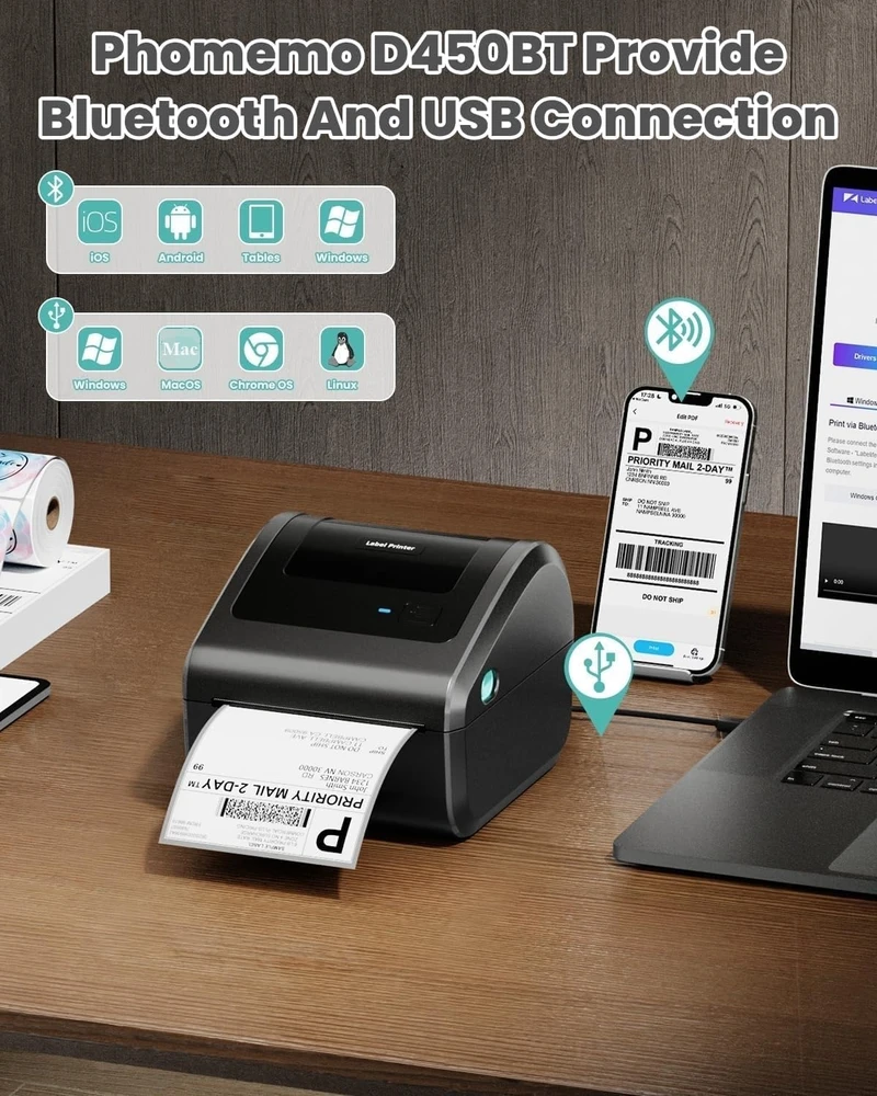 Phomemo etikečių spausdintuvas terminis 4x6 colių Bluetooth, USB, 203 dpi, D450BT