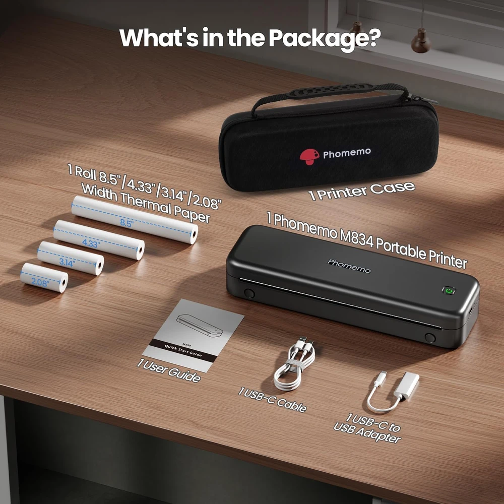 Phomemo nešiojamasis A4 terminis spausdintuvas su Bluetooth ir USB, 300 dpi, M834
