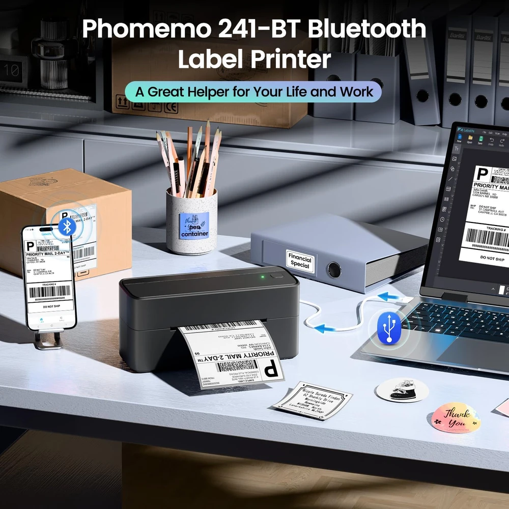 Phomemo termininė etikečių spausdintuvas Bluetooth, 4x6 colių, 203 dpi, modelis 241BT