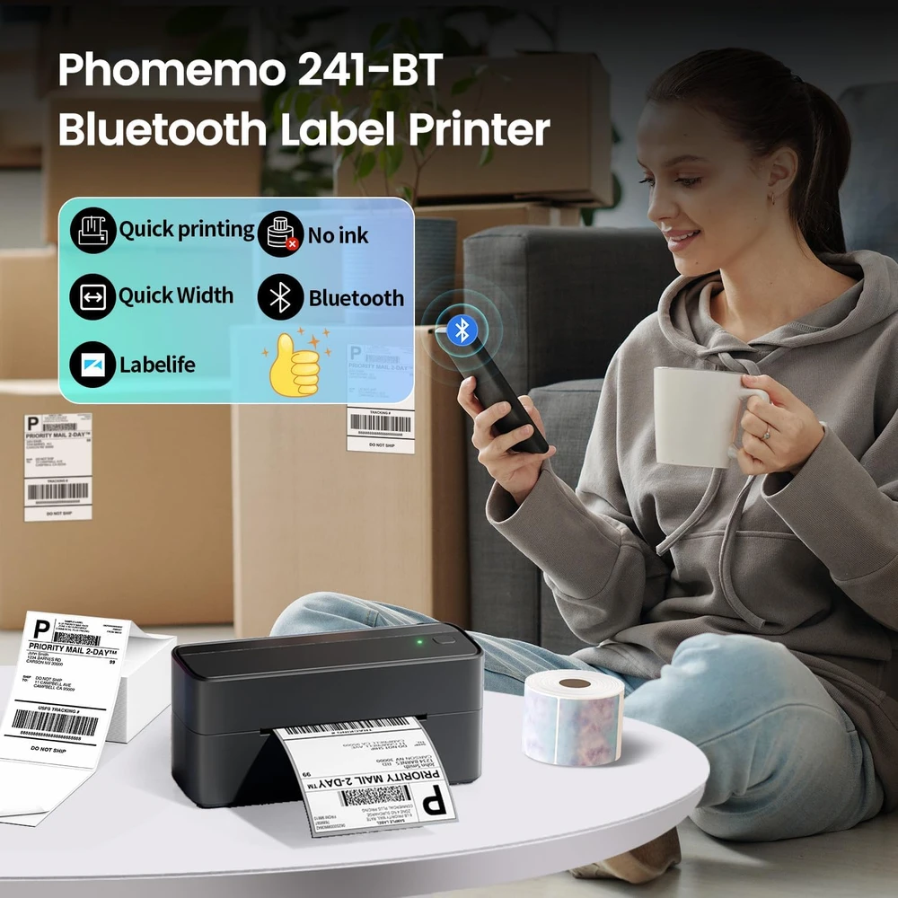 Phomemo termininė etikečių spausdintuvas Bluetooth, 4x6 colių, 203 dpi, modelis 241BT