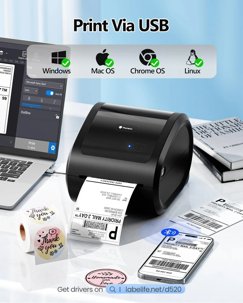 Phomemo terminis etikečių spausdintuvas Bluetooth ir USB, 150 mm/s D520BT
