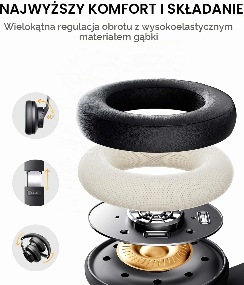Picun belaidės ant ausų dedamos Bluetooth ausinės su mikrofonu, 120 val., B8 Juodas