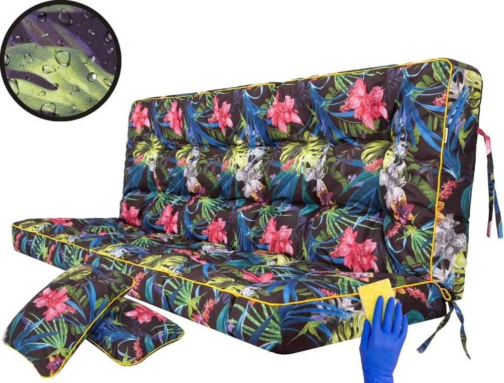 PillowPrim sėdimosios dalies ir atlošo pagalvė sūpynėms ir suoliukams, 150 cm pločio, poliesterio užvalkalas, spalvingų lapų raštas