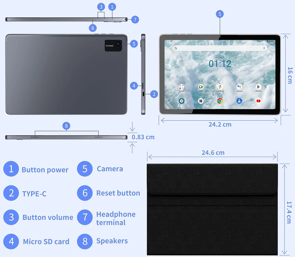 Planšetė Tibuta planšetinis kompiuteris su Android 13, 10,1 col. IPS ekranu, 8 GB RAM ir 64 GB E220