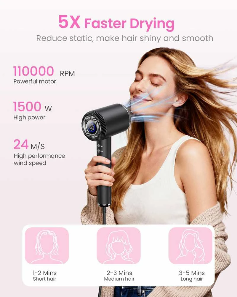 Plaukų džiovintuvas BESTOPE PRO joninė plaukų džiovintuvė, 1500 W, 6 temperatūros lygiai, 5 greičiai, juoda