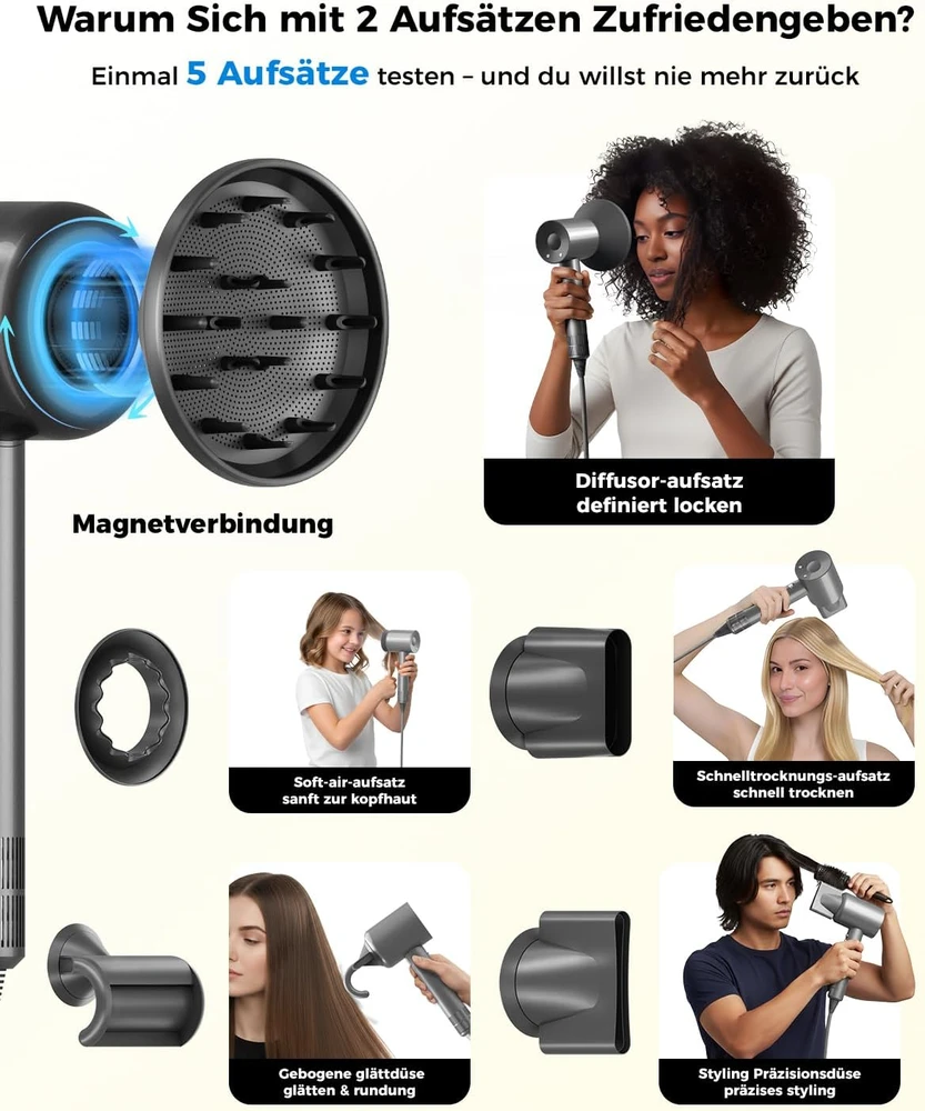 Plaukų džiovintuvas LLLEFpot joninė plaukų džiovintuvė 1600 W su difuzoriumi ir 5 magnetiniais antgaliais