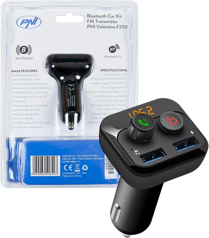 PNI automobilinis FM moduliatorius Bluetooth 5.0 su MP3 grotuvu, Micro SD ir USB F250