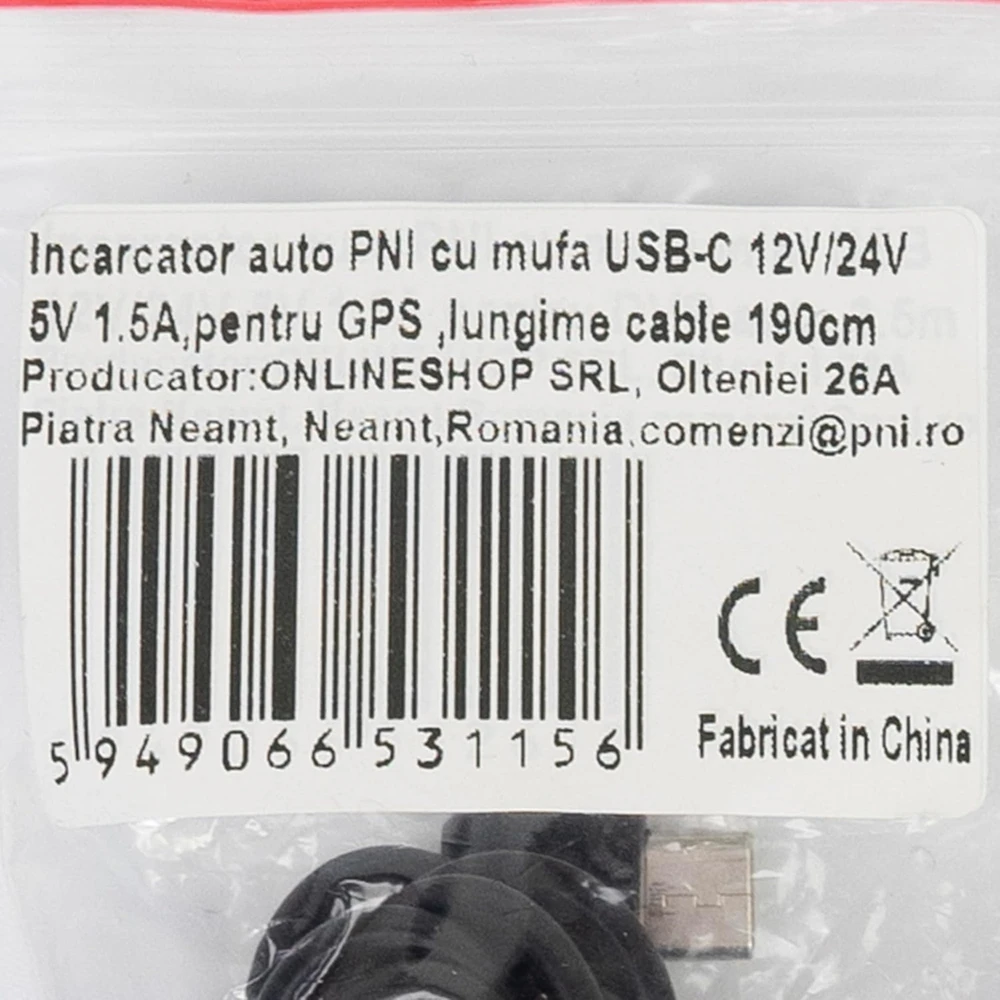 PNI automobilinis USB-C įkroviklis GPS navigacijai 12/24 V, 5 V 3 A, 1,9 m PNI-USBC-GPS