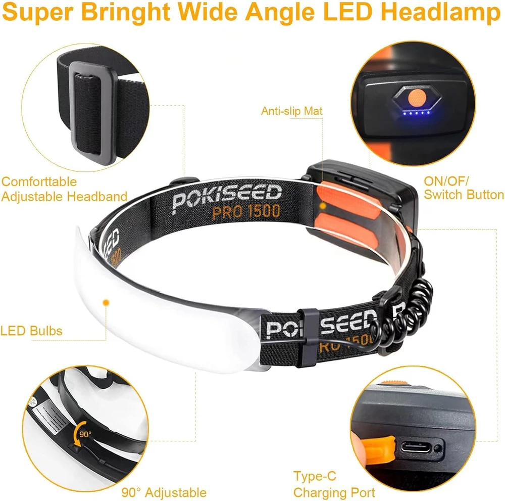 POKISEED LED galvos žibintas, 1500 lm, plati 230° šviesos srovė, įkraunamas, IPX6, 3 režimai, HL002