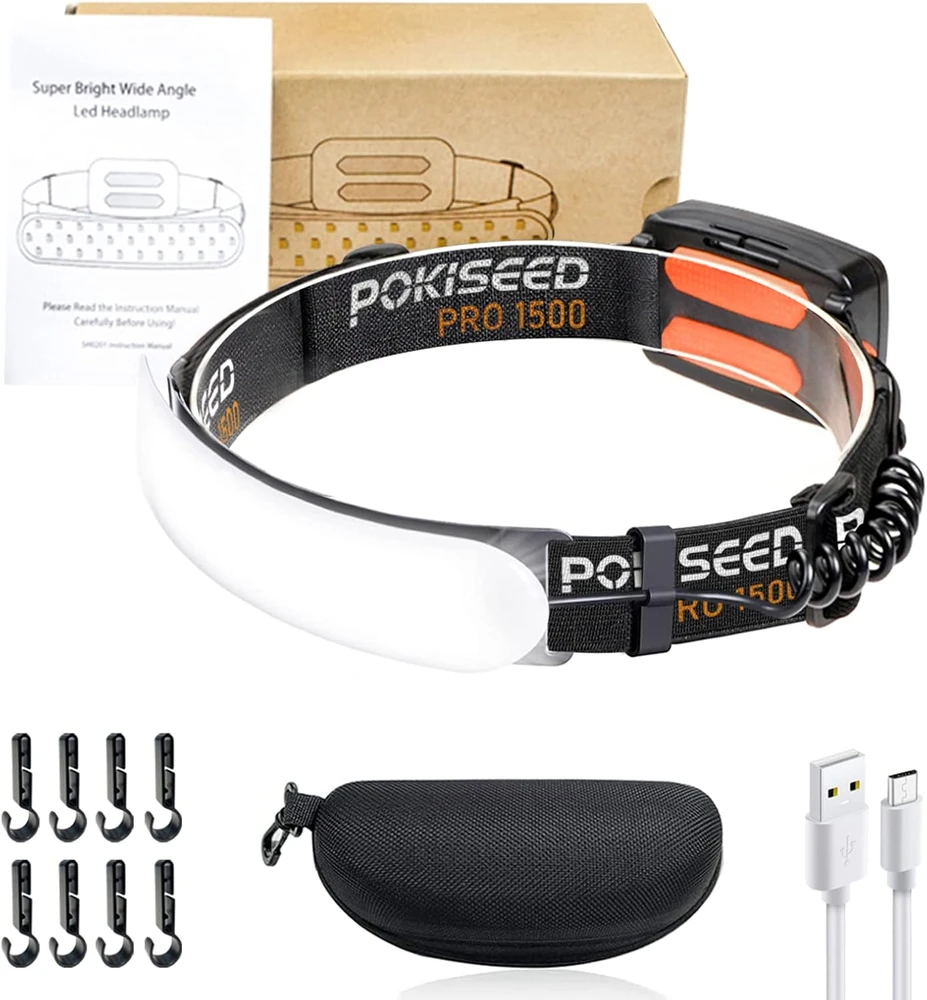 POKISEED LED galvos žibintas, 1500 lm, plati 230° šviesos srovė, įkraunamas, IPX6, 3 režimai, HL002