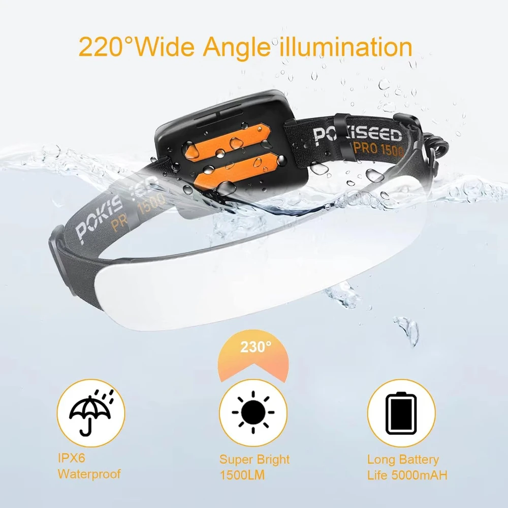 POKISEED LED galvos žibintas, 1500 lm, plati 230° šviesos srovė, įkraunamas, IPX6, 3 režimai, HL002