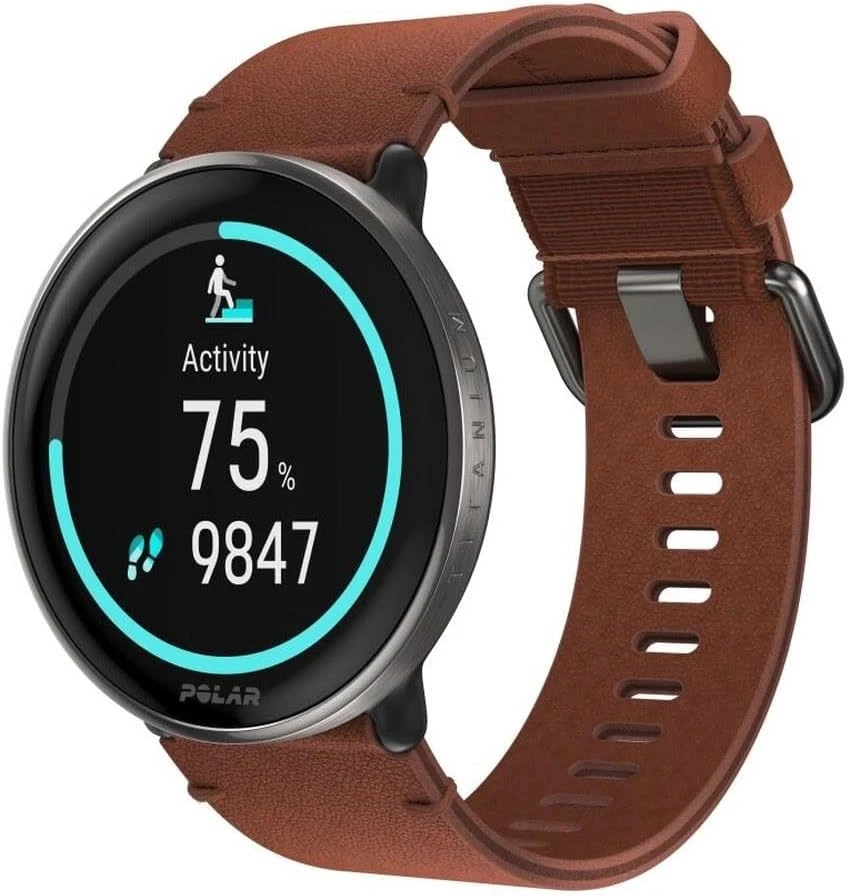 Išmanusis laikrodis Polar Ignite 3 Titanium, S-L dydžio, Juodos spalvos korpusas su rudos spalvos odiniu dirželiu (komplektacijoje papildomai juodos spalvos silikoninis dirželis)