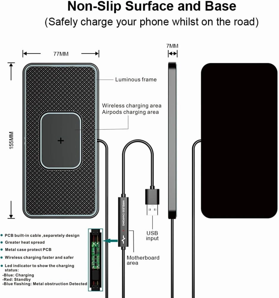 polmxs automobilinis belaidžio įkrovimo kilimėlis Qi 15 W USB-A C1 PRO