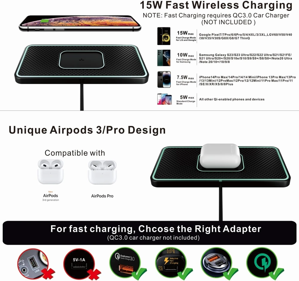 polmxs automobilinis belaidžio įkrovimo kilimėlis Qi 15 W USB-A C1 PRO