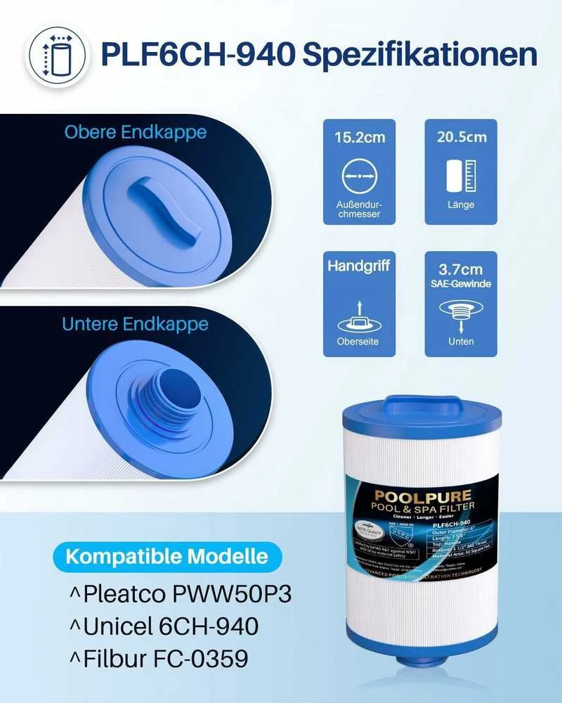 POOLPURE baseino ir SPA filtrai, 2 vnt., suderinami su Unicel 6CH-940, Pleatco PWW50P3, Filbur FC-0359, Waterway Plastics 817-0050