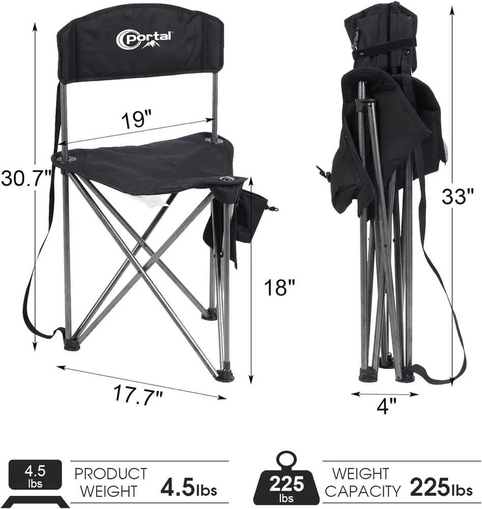 Portal sulankstoma kempingo kėdutė su atlošu, plieno rėmas, 81 × 11 × 11 cm, 2kg, juoda, Portal-CampingChair-01