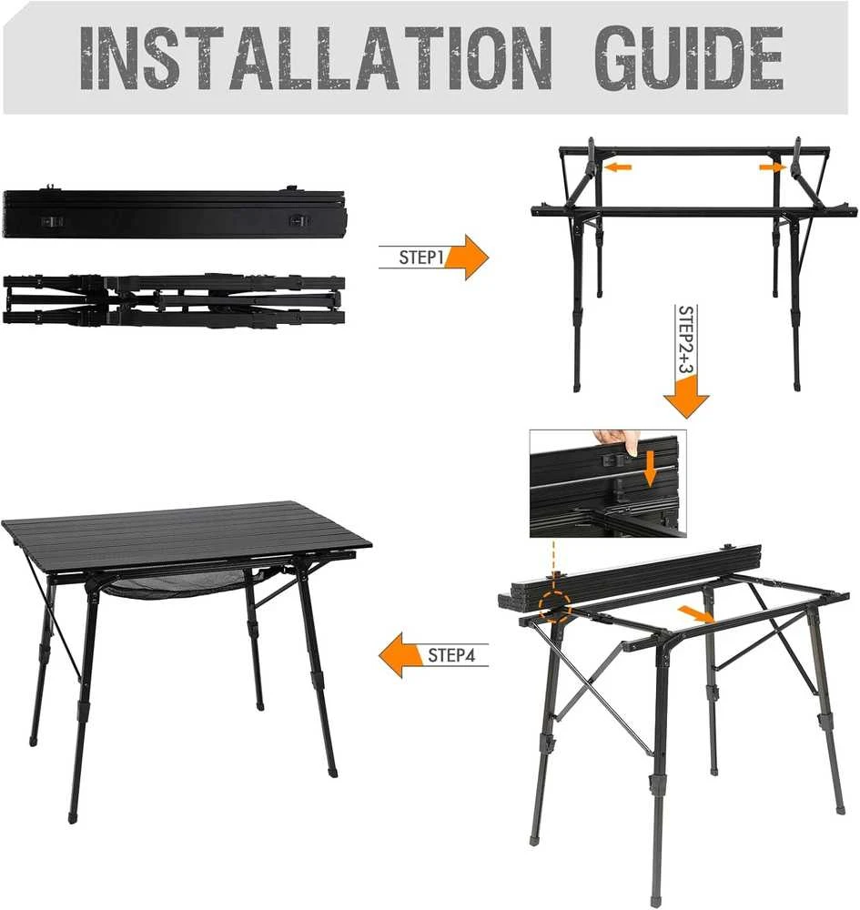 Portal sulankstomas aliumininis kempingo stalas, 90 × 53 cm, reguliuojamo aukščio, 4,2kg, TA-581-BLK-EUPR