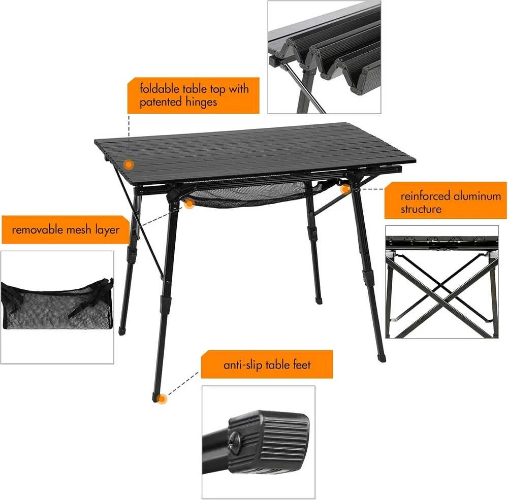 Portal sulankstomas aliumininis kempingo stalas, 90 × 53 cm, reguliuojamo aukščio, 4,2kg, TA-581-BLK-EUPR