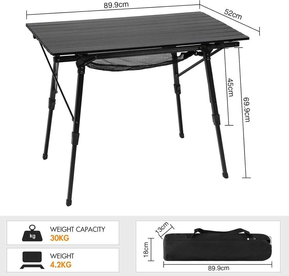 Portal sulankstomas aliumininis kempingo stalas, 90 × 53 cm, reguliuojamo aukščio, 4,2kg, TA-581-BLK-EUPR
