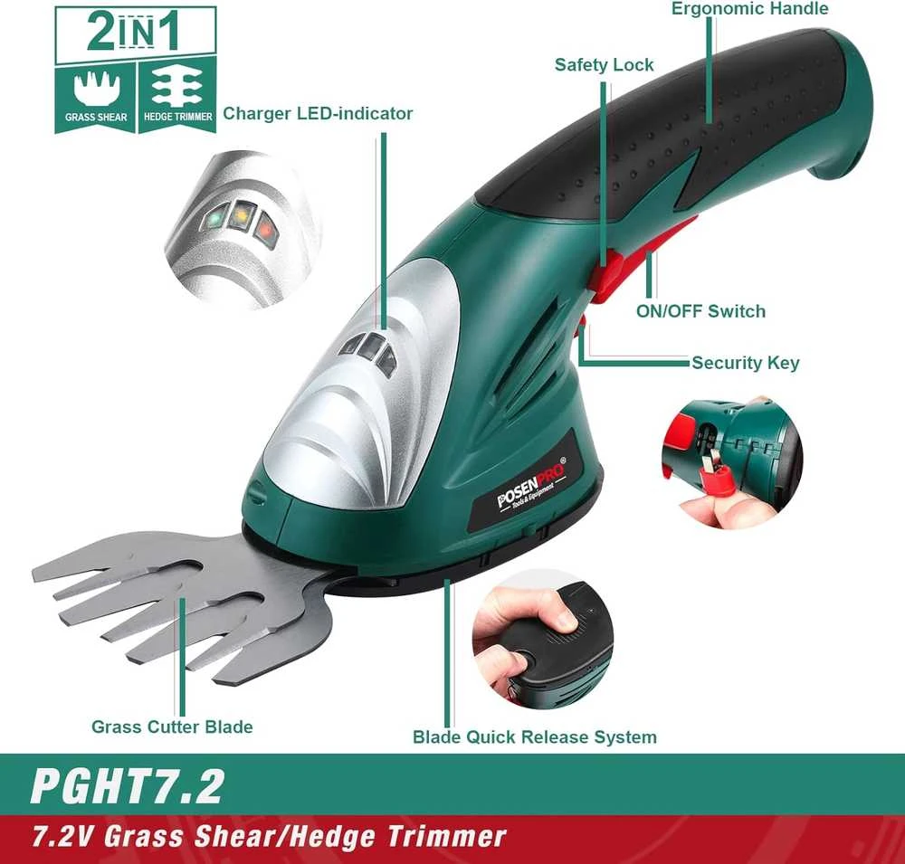 POSENPRO akumuliatorinės žolės ir gyvatvorių žirklės 2in1, 7.2V, ABS, 120 mm peilis, PGHT7.2