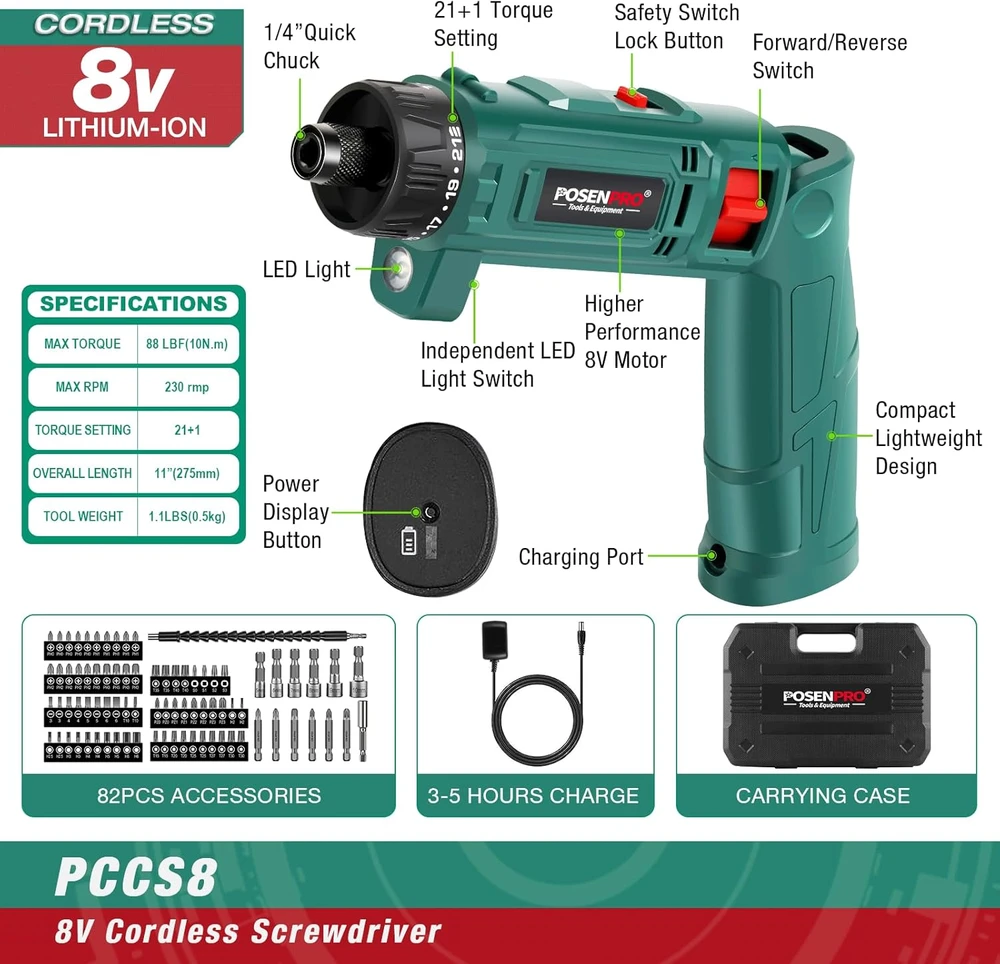 POSENPRO akumuliatorinis suktuvas 8 V, 10 Nm, 21+1 nustatymas, PCCS54GV - 2