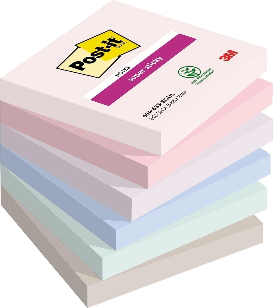 Lipnūs lapeliai 3M Post-it® Super Sticky Soulful 76mmx76mm 6vnt. po 90 lapelių